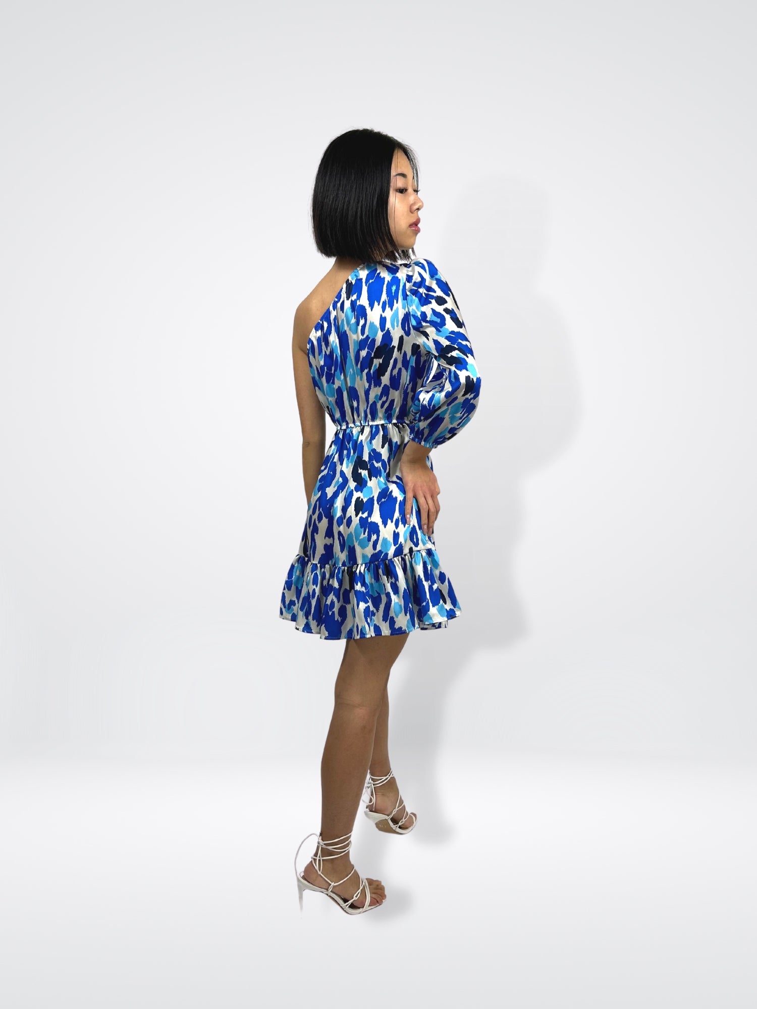 Blue Printed One-Shoulder Mini Dress