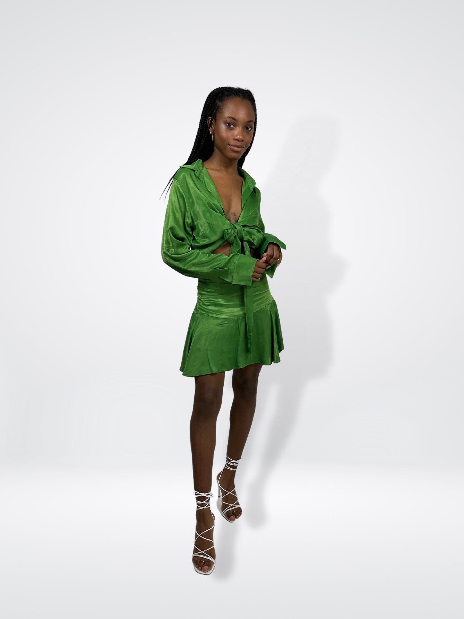 Green Satin Shirt & Skirt Set